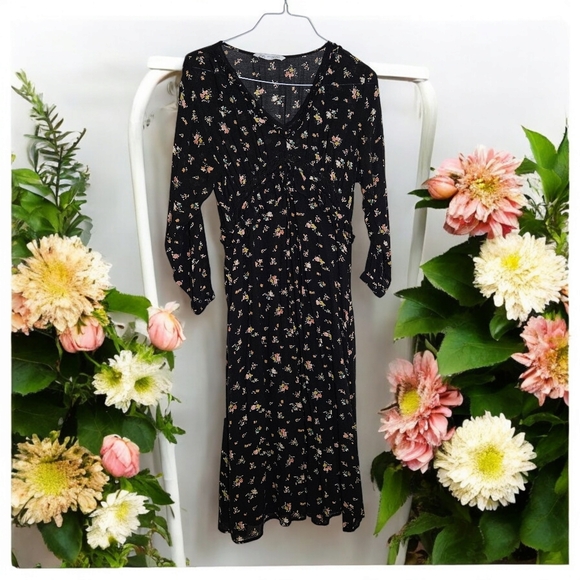Vintage Zara Floral Printed 3/4 Length Dress Romantic Lace Pleats Dress Size S - Picture 1 of 5
